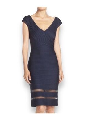 Women's Tadashi Shoji Dark Navy Amata Pintuck Jersey V Neck Bodycon Dress, XL